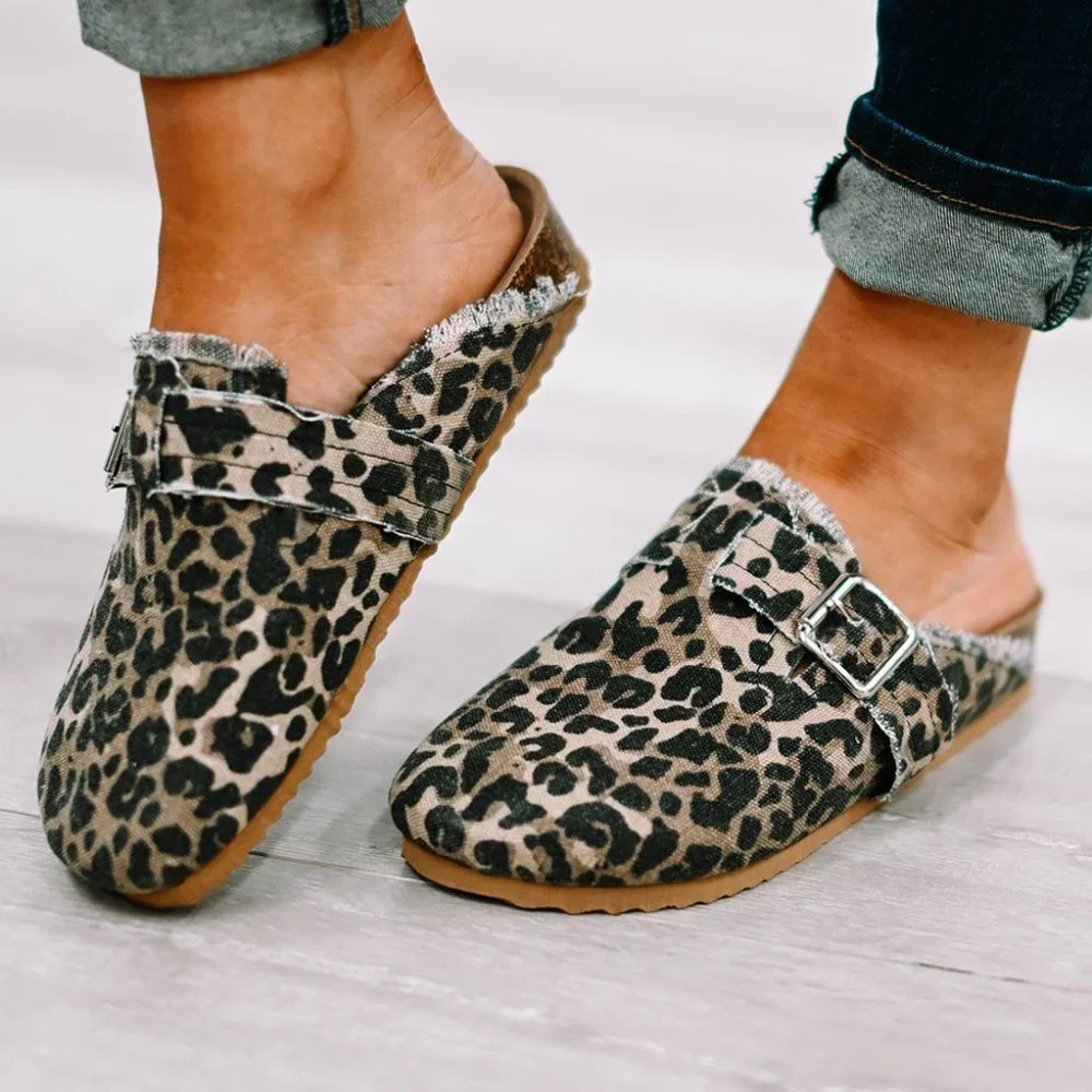 Leopard Buckle Strap Frayed Canvas Slip On Slippers - Picture 2 of 9